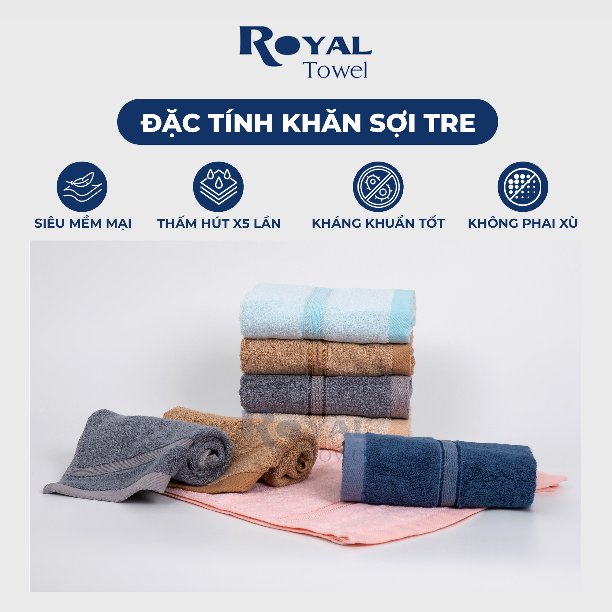 Khăn mặt sợi tre Royal Towel 30x50cm thấm hút tốt, không đổ lông, không ra màu