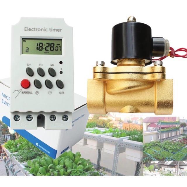 Combo hẹn giờ tưới cây tự động gồm hẹn giờ 16 chương trình KG316T-II và van điện từ phi 34mm, 220V AC
