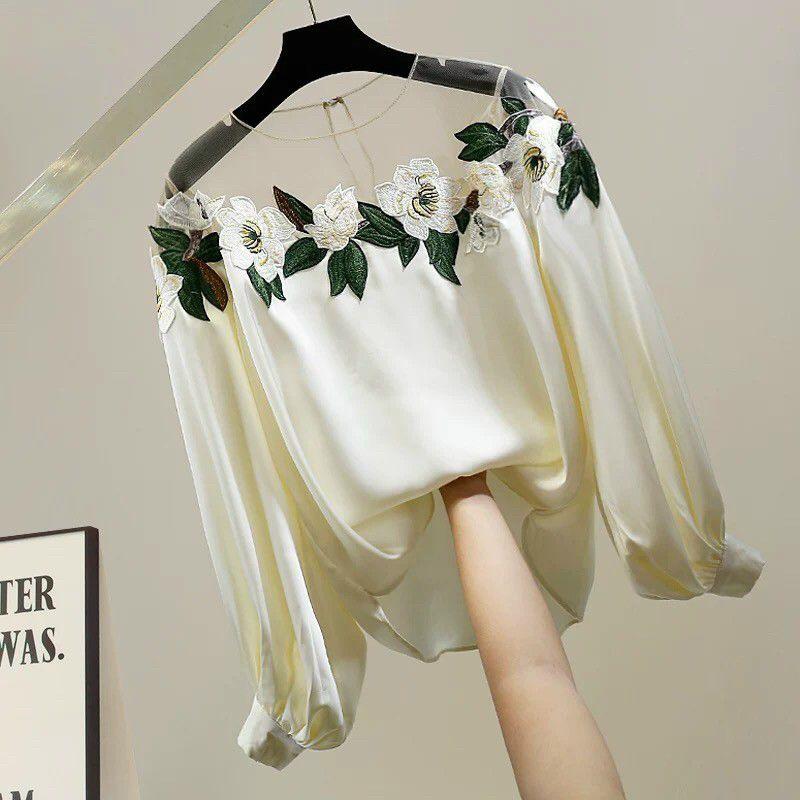 ÁO LỤA VAI LƯỚI THÊU HOA