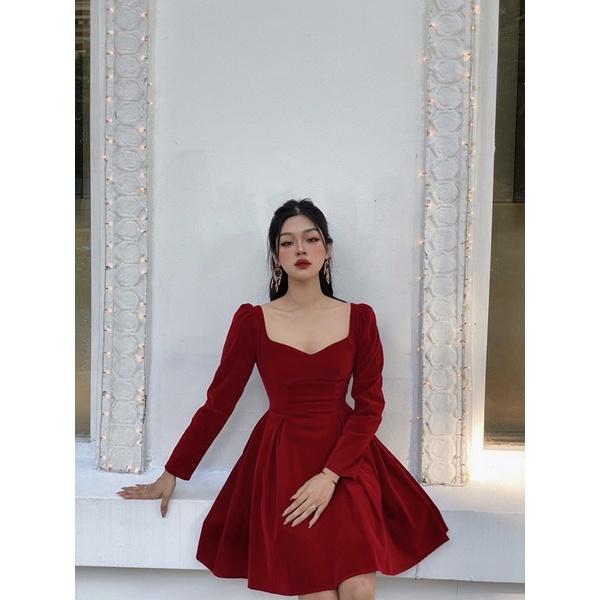 Đầm xoè nhung dài tay cổ tim nữ tính Kayla dress