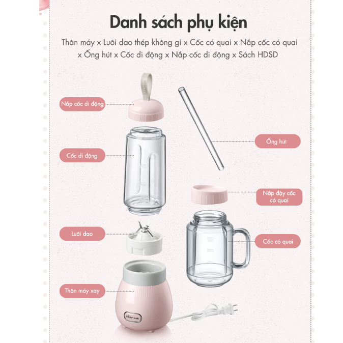 Máy xay sinh tố cầm tay mini Bear LLJ-C04W1, Dung tích 400ml, Kèm cốc có quai cầm 350ml - HÀNG CHÍNH HÃNG