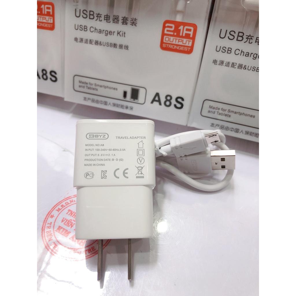 Bộ sạc BYZ A8S, dòng điện 2.1A, chuôi V8/ Micro Bảo hành 12 tháng, Hàng chính hãng