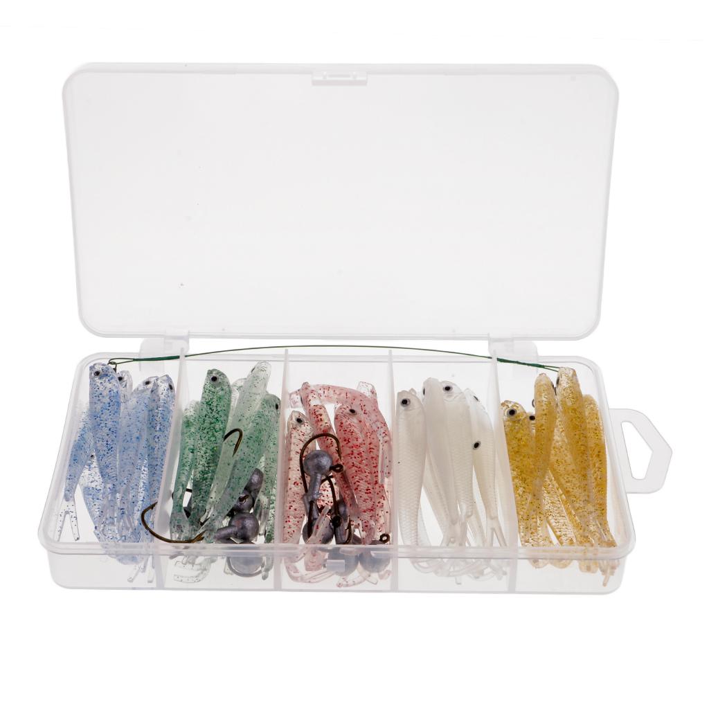 50pcs Soft Plastic Bass Fishing Lure Bait with Jig Head Worm Hooks Lure Box