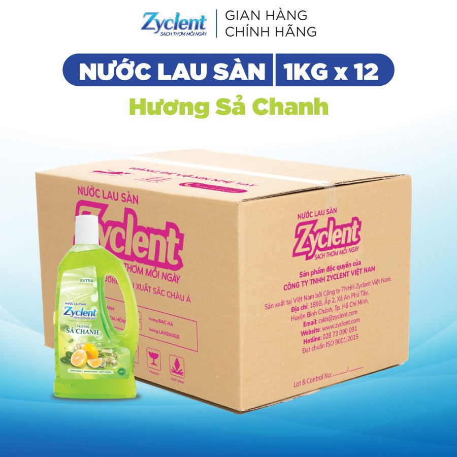 Thùng Nước Lau Sàn ZYCLENT EXTRA Hương Sả Chanh - (1Kg x 12 CHAI)