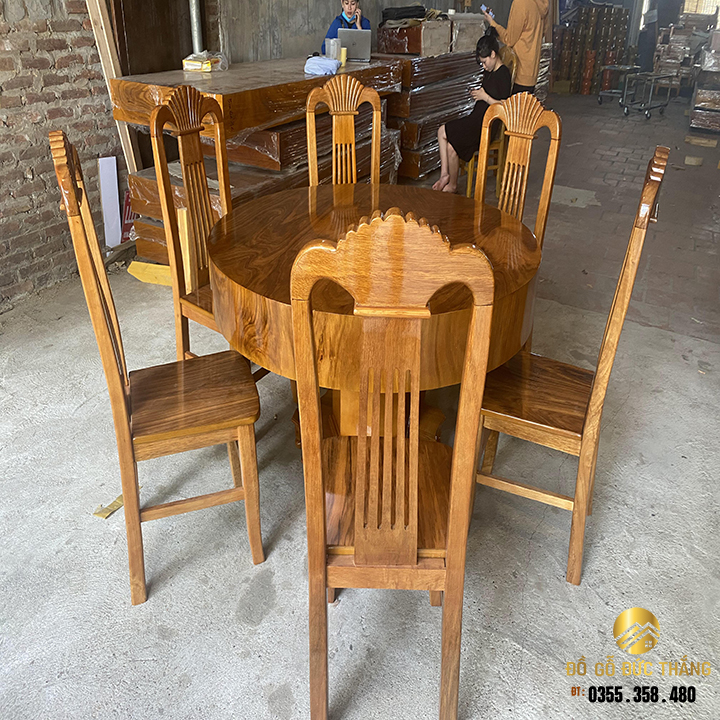Bàn tròn hộp 6 ghế sẻ quạt gỗ cẩm vàng nam phi