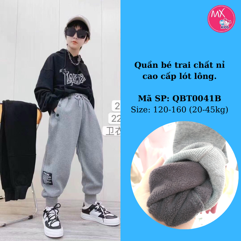 Quần Bé Trai Phong Cách Đơn Giản Chất Nỉ Cao Cấp Lót Lông Màu Ghi Mixi Kids QBT0041B