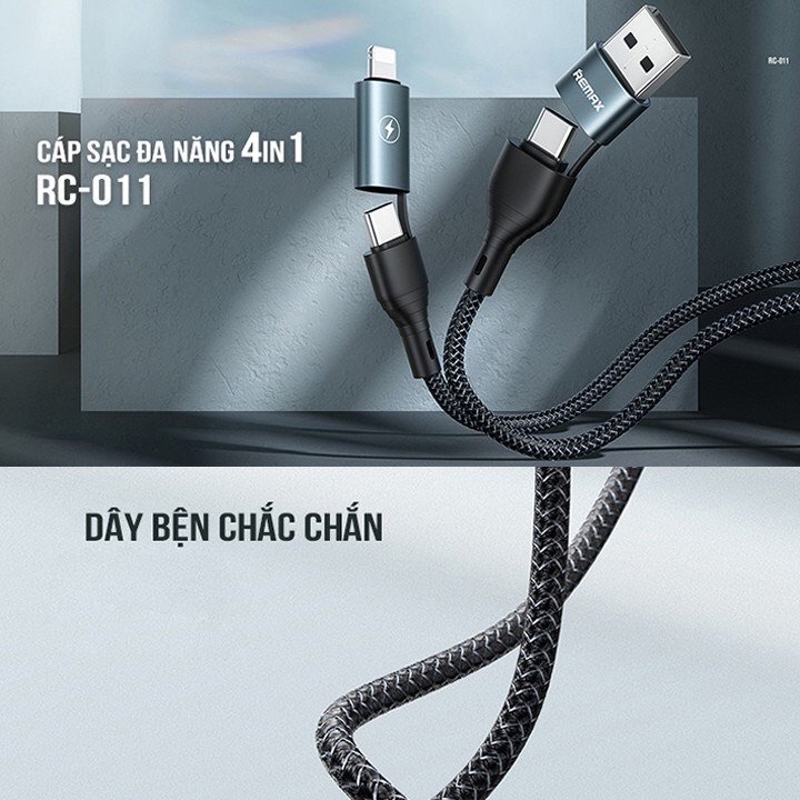 Cáp Sạc Nhanh Đa Năng 4 in 1 Remax RC-011 -  Đầu Sạc Type-C/Lightning/USB-A, Sạc Nhanh 2.4A, Cáp Dây Dù Siêu Bền 1.2m, Dử Dụng Được Cho Nhiều Thiết Bị - Hàng Chính Hãng