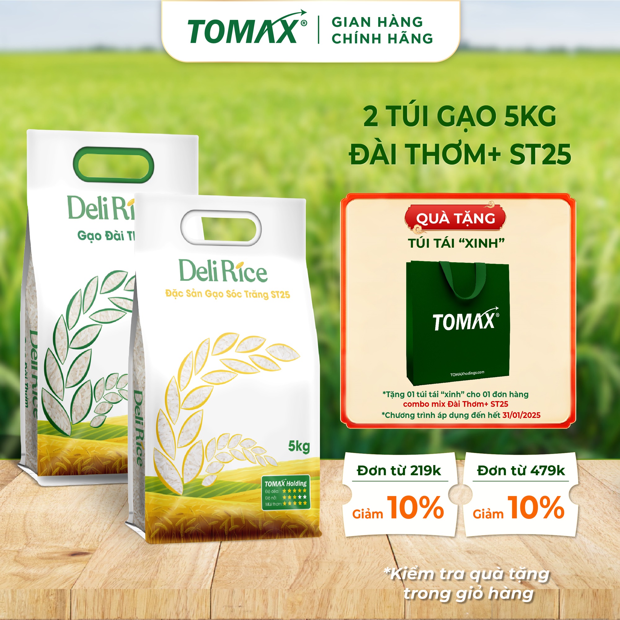 Combo mix 2 túi 5kg gạo ST25 và Đài Thơm TOMAX - tơi xốp, dẻo thơm, thượng hạng