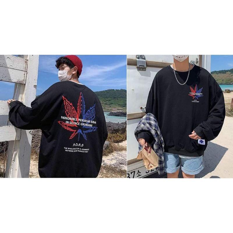 Áo sweater unisex from rộng, dài tay in hình lá xanh đỏ