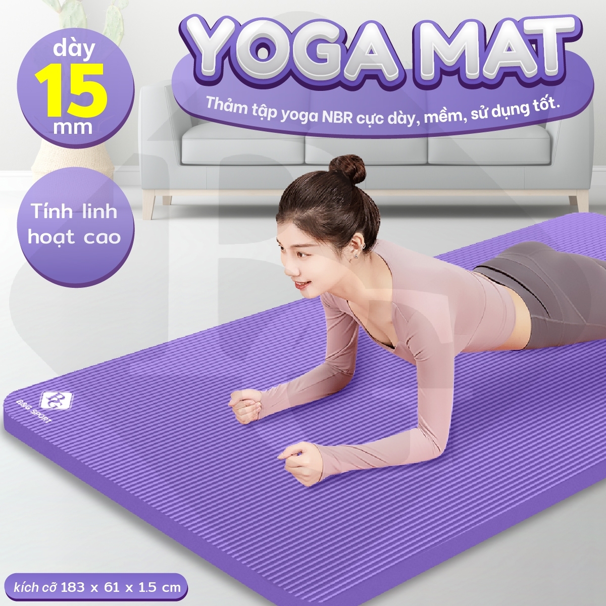 BG Thảm tập Yoga,GYM chuyên dụng dày 15mm NBR nguyên khối, độ đài hồi tốt, chống lún, Chống trơn trượt, độ bám cao, ngăn ngừa hôi và ẩm mốc