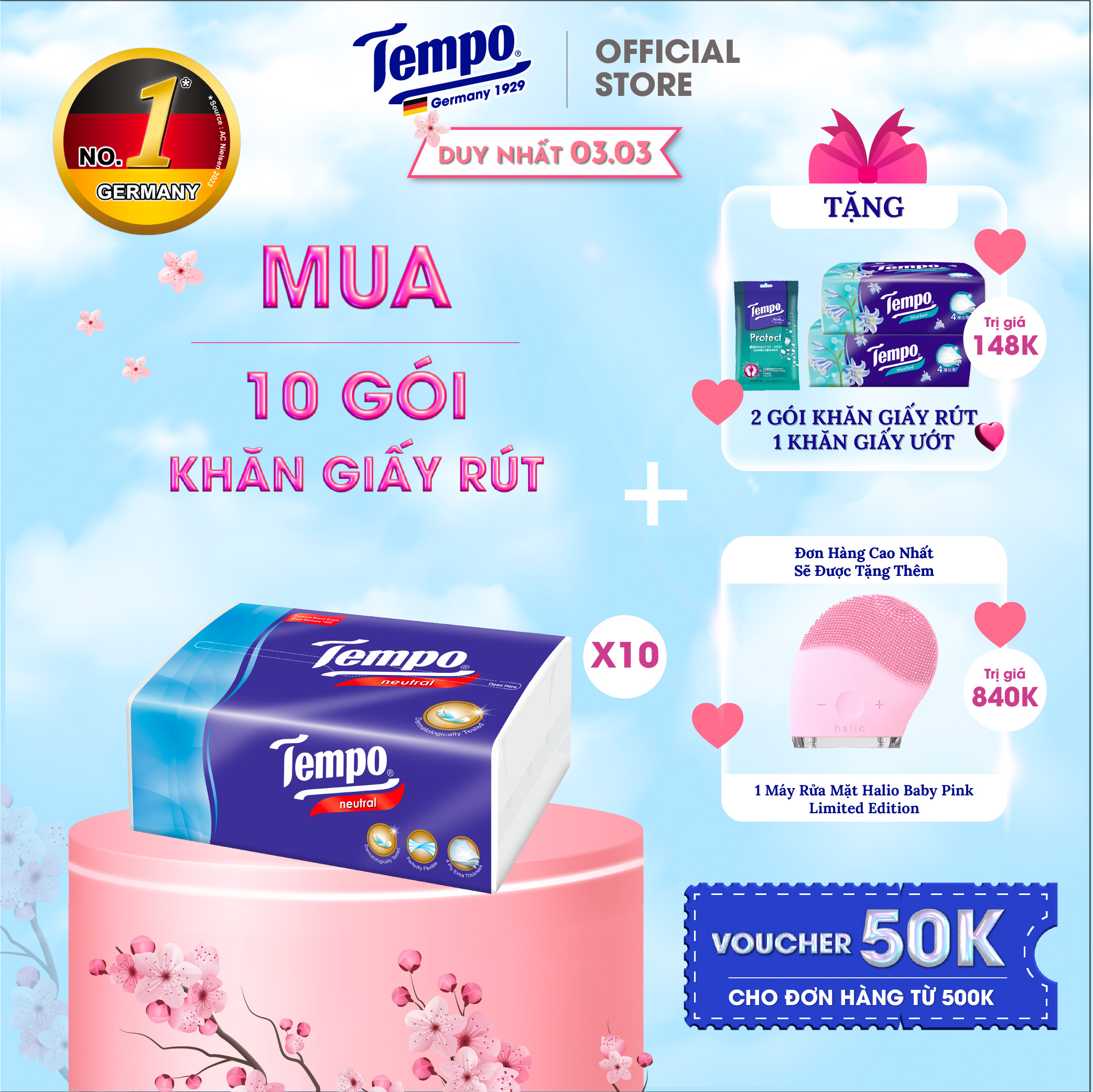[MUA 10 GÓI TẶNG 1 GÓI + 1 BĂNG ĐÔ THỎ] Khăn Giấy Rút Cao cấp Tempo - 4 Lớp Bền Dai, An Toàn Cho Da - Thương Hiệu Đức