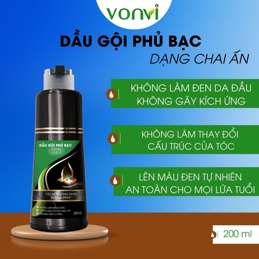 Thuốc nhuộm tóc VONVI làm đen tóc tự nhiên sau 10 phút với thiết kế dạng chai ấn 200 ml