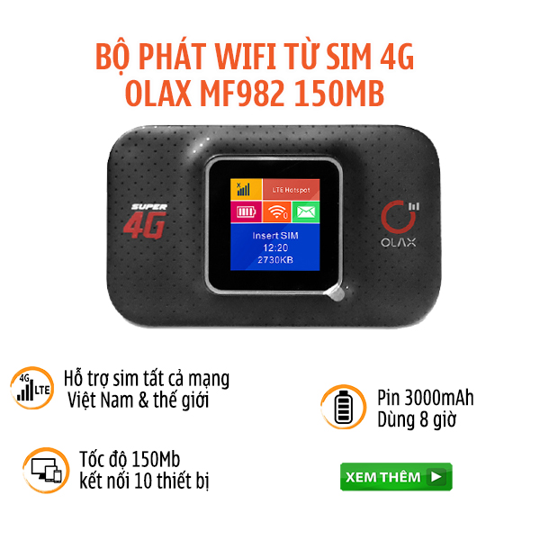 Bộ Phát Wifi Từ Sim 4G LTE OLAX MF982  Tốc Độ 150Mb Màn Hình LCD Hiển Thị Thông Minh Pin 3000mAh Dùng 12 Giờ - Hàng Chính Hãng