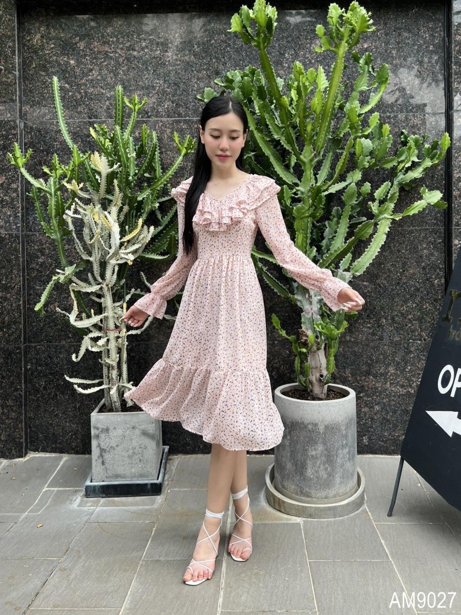 Đầm xòe midi Nữ hoa nhí tay dài OvanMade AM9027