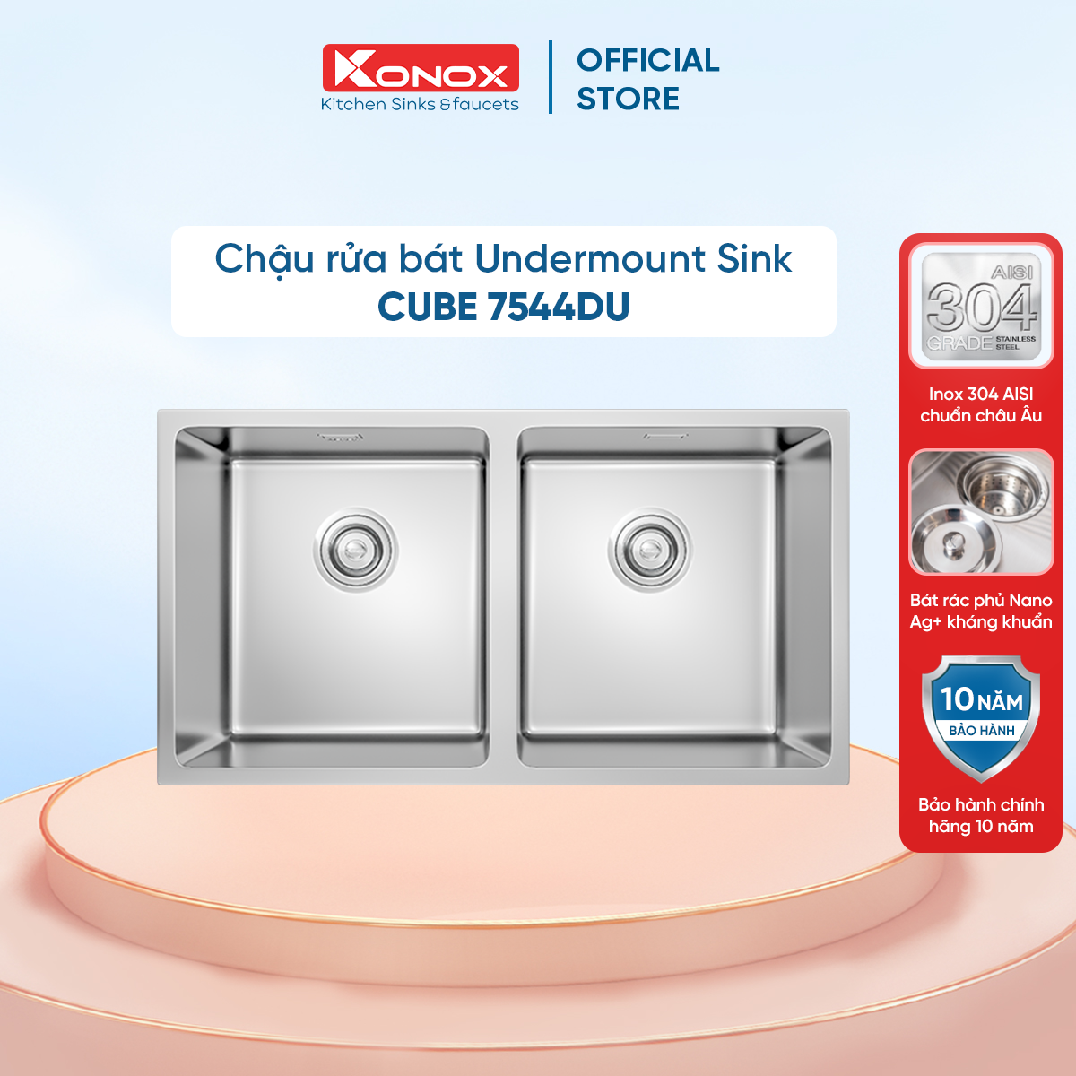 Chậu rửa bát inox 2 hố âm bàn KONOX Undermount Series Cube 7544DU