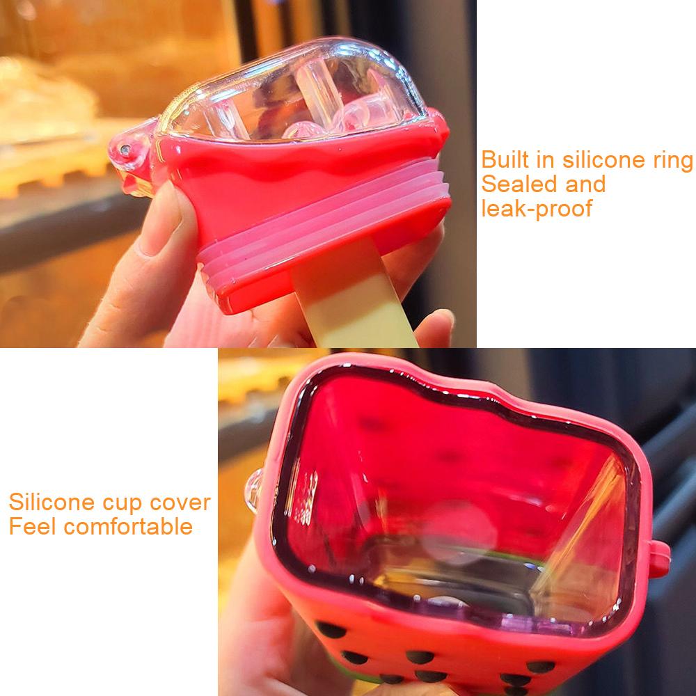 Họa Tiết Hoạt Hình Dễ Thương Nước Trẻ Em Uống Nước Chống Rò Rỉ Trẻ Ấm Siêu Di Động Sáng Tạo Vuông Dưa Hấu Cốc Có Ống Hút