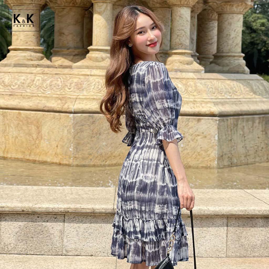 Đầm Đuôi Cá Họa Tiết Tay Lỡ Phối Bèo K&K Fashion KK119-36 Chất Liệu Voan Hàn