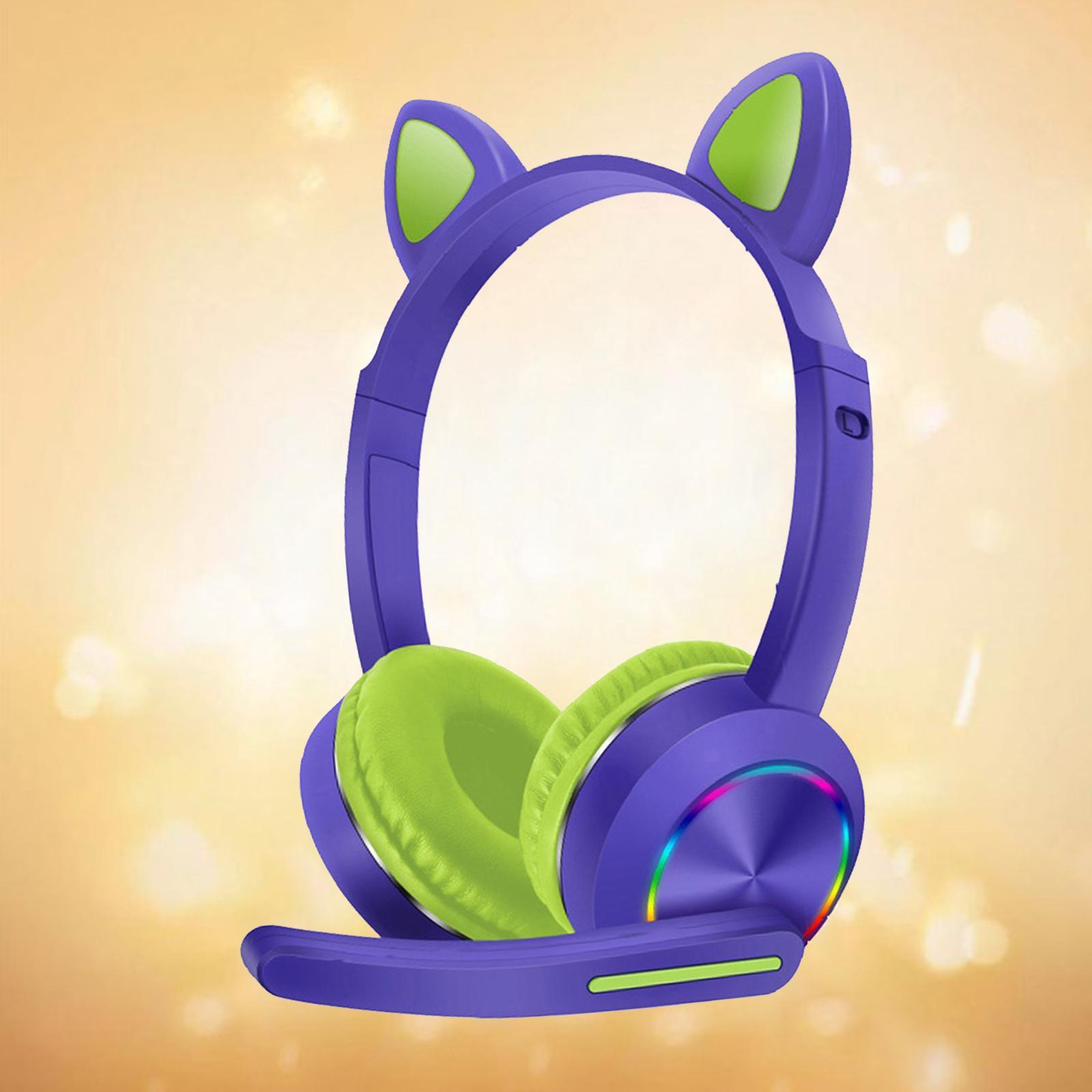 Bluetooth Headphones LED Light up Cat Ear Headset Earphones w/Mic Black