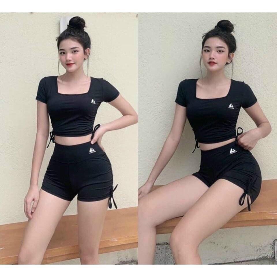 Đồ tập Gym, Sét bộ đùi thể thao nữ cạp cao Bin Sports áo croptop quần đùi có dây rút mã BT0921