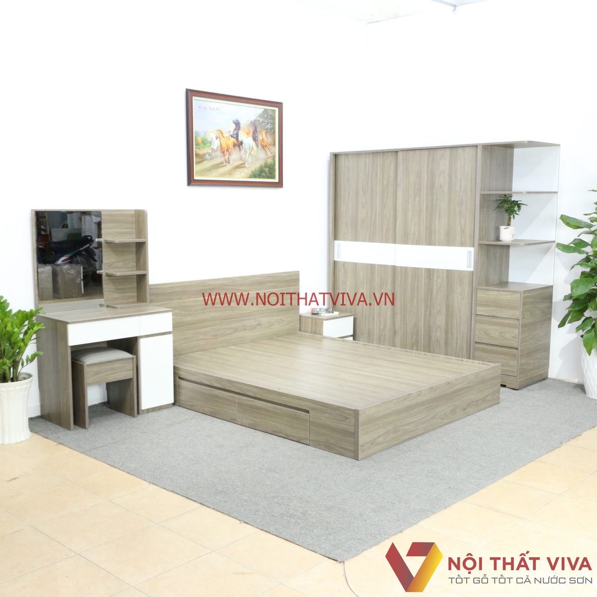 Bộ Combo Phòng Ngủ Gỗ MDF Melamine Màu Xám Phối Trắng Đẹp Hiện Đại