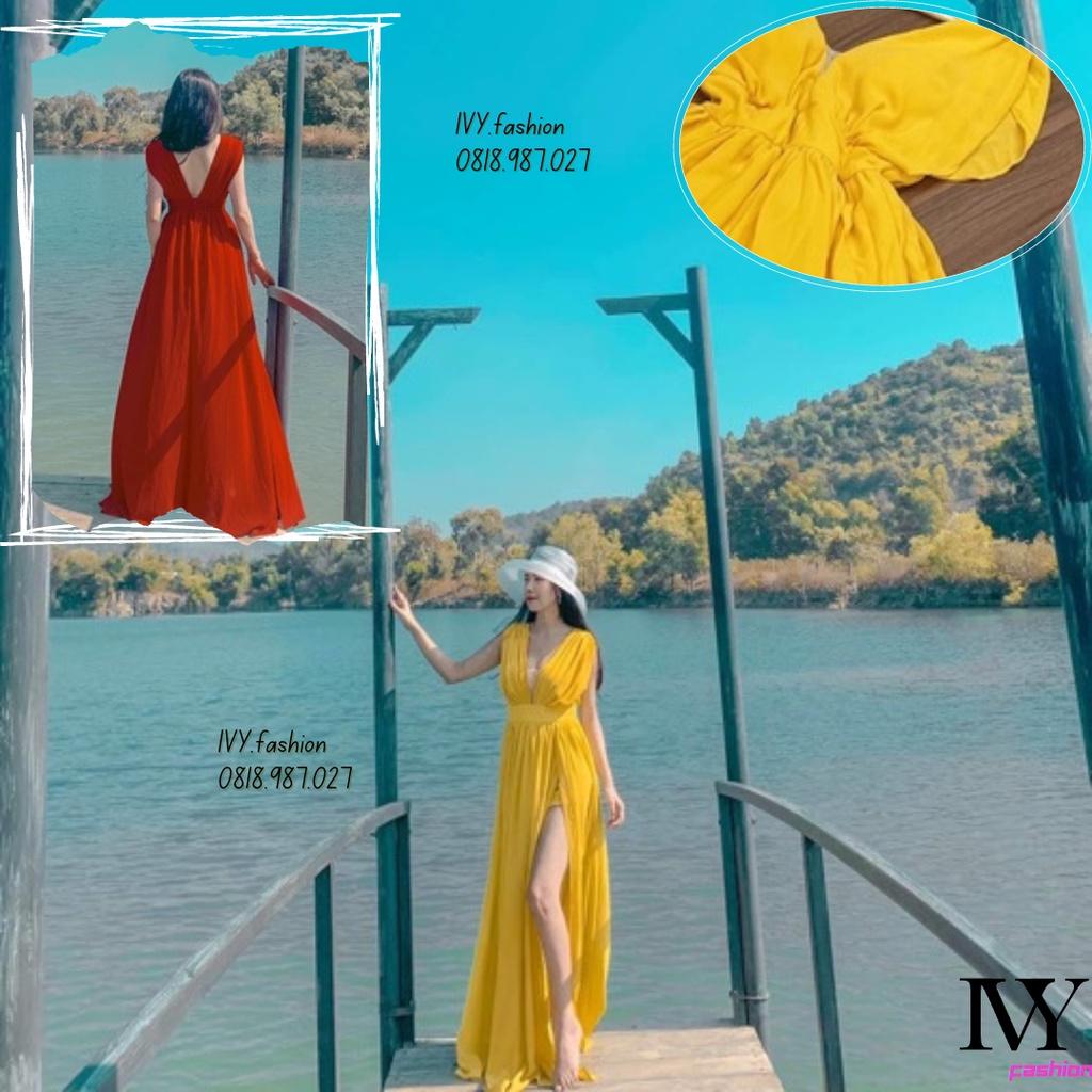 Đầm váy Maxi Vintage voan lót lụa vàng đỏ cổ V đi biển dự tiệc dạo phố bigsize gợi cảm sexy