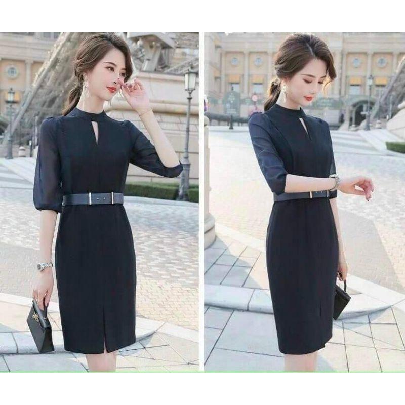 ĐẦM XANH TAY LƯỚI KÈM DÂY THẮT