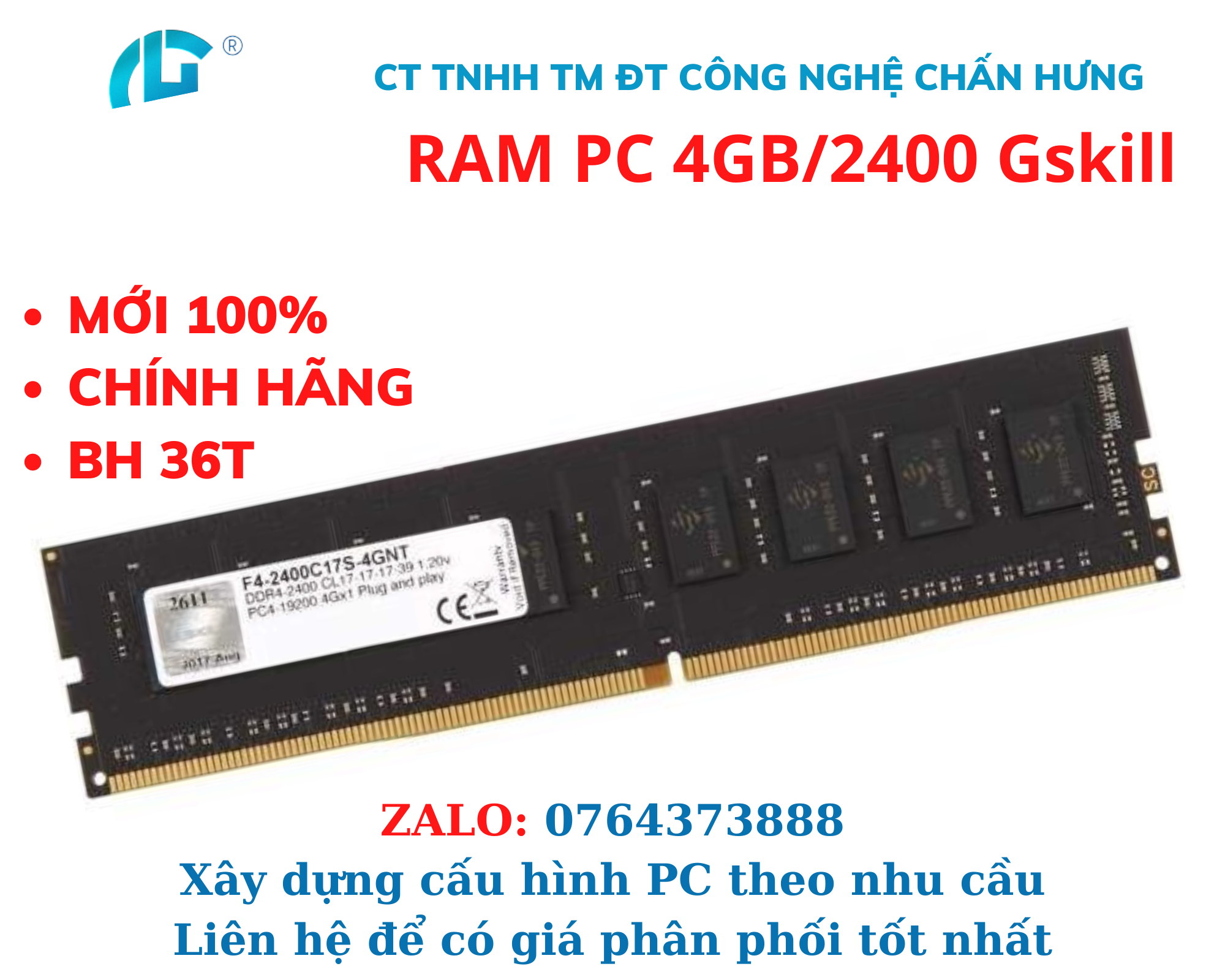 Ram GSKILL 4GB (1x4GB) DDR4 2400MHz- HÀNG CHÍNH HÃNG