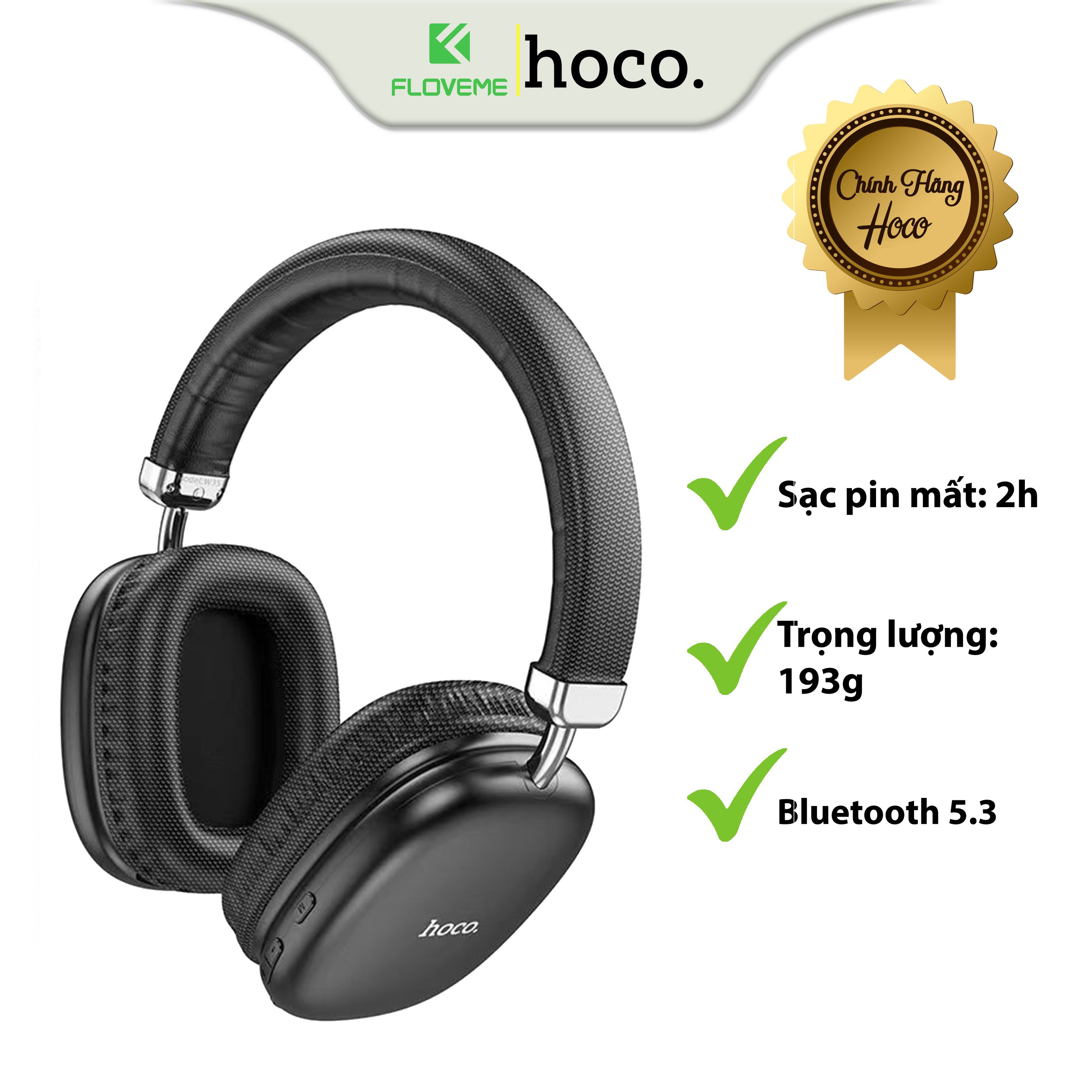 Tai Nghe Chụp Tai Dành Cho Hoco W35 - Pin Siêu Trâu 40h, Bluetooth V5.3, Kiểu Dáng Sang Trọng, Chống Ồn, Chống Thấm Nước - Hàng Chính Hãng