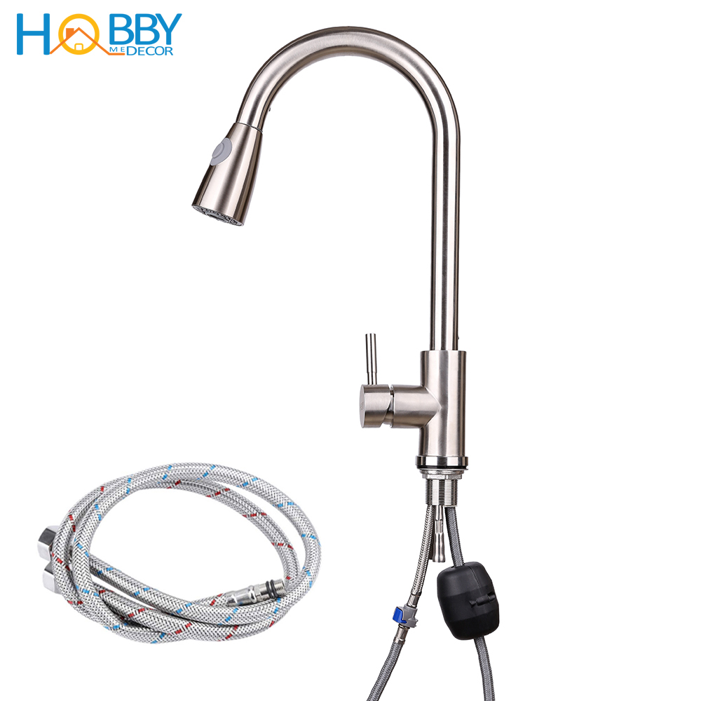 Vòi rửa chén nóng lạnh dây rút inox 304 HOBBY Home Decor VDR1 có 2 chế độ phun tăng áp kèm dây cấp