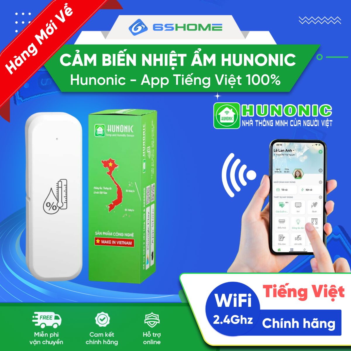 Cảm Biến Nhiệt Độ và Độ Ẩm Hunonic WiFi/Bluetooth, App Tiếng Việt, Kiểm Soát Môi Trường, Tích Hợp Ngữ Cảnh Thông Minh