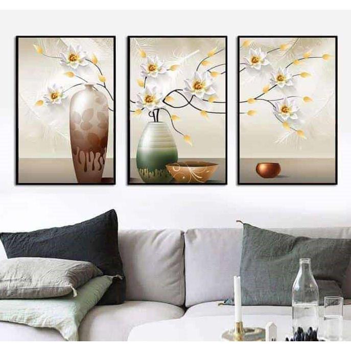 Bộ 3 tranh Canvas Giá Xưởng - Tranh Treo Tường Bình Hoa 3D Kèm Khung - Tặng kèm đinh đa năng không cần khoan tường
