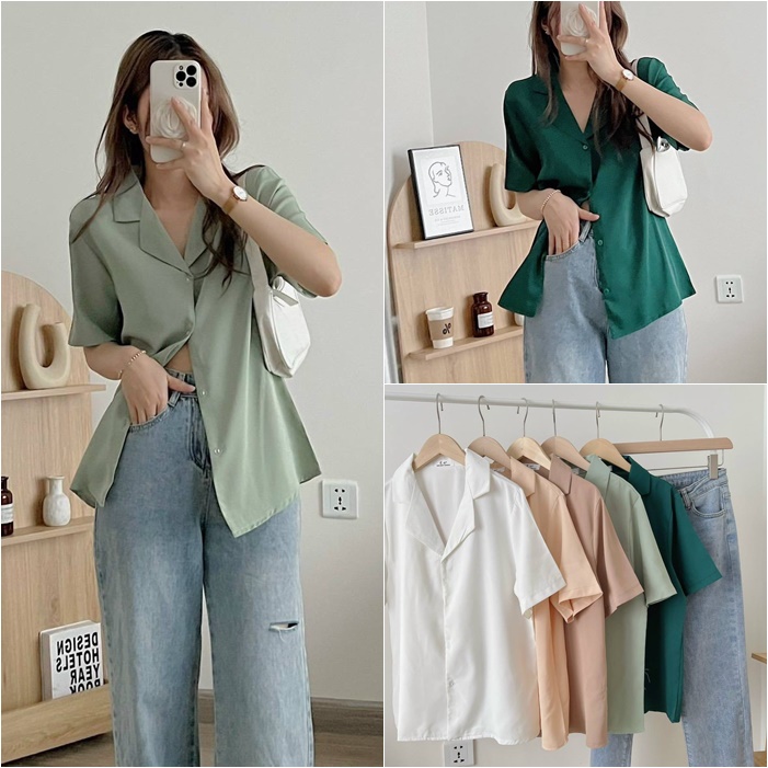 ÁO SƠ MI NỮ KIỂU RETRO BLAZER VEST TAY NGẮN SUÔNG TRƠN RỘNG BASIC CƠ BẢN ĐI CHƠI DẠO PHỐ ĐI LÀM CÔNG SỞ ĐI HỌC