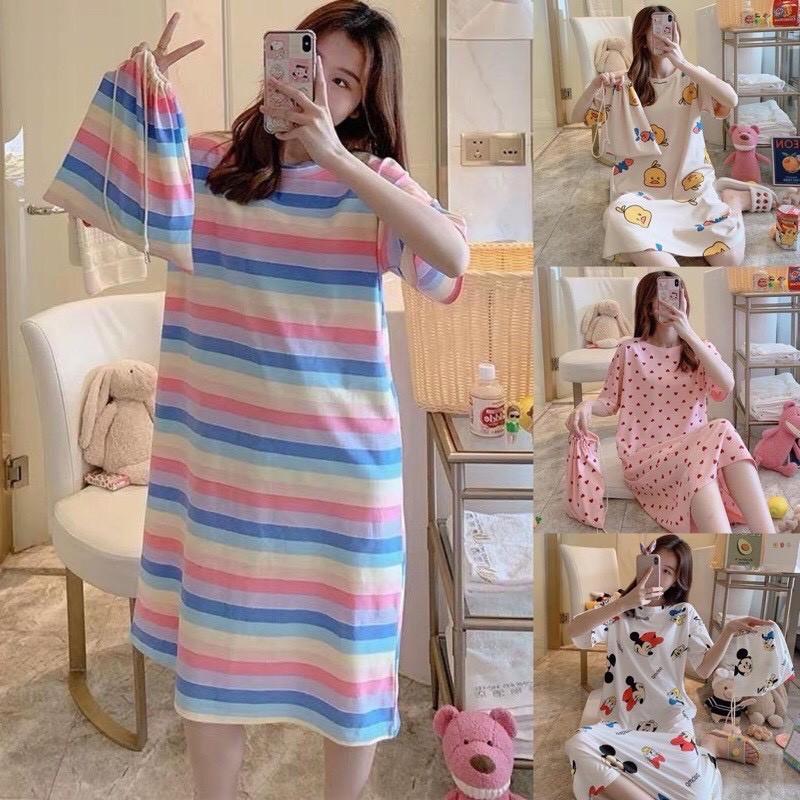 Váy ngủ cộc tay dáng suông đầm ngủ chất thun sữa mềm họa tiết dễ thương bầu bí bon chen V285