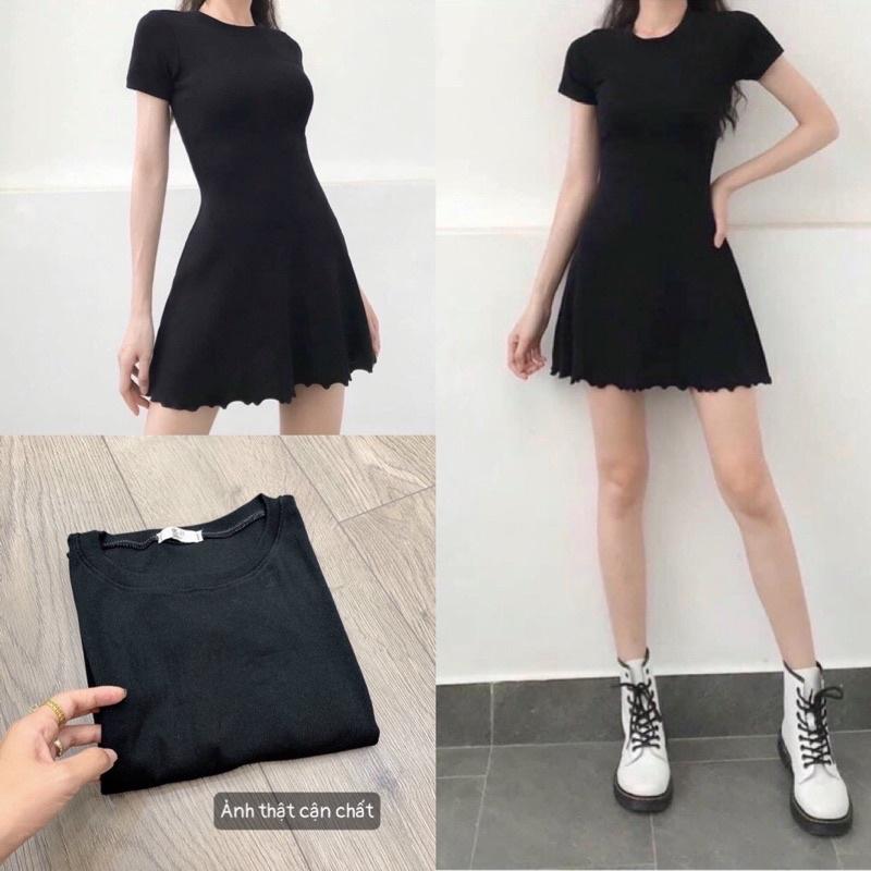 Đầm Nữ Basic Body Đen Viền Bèo Siêu Xinh Váy Nữ Dáng Ngắn Chất Thun Gân Co Dãn So Hot