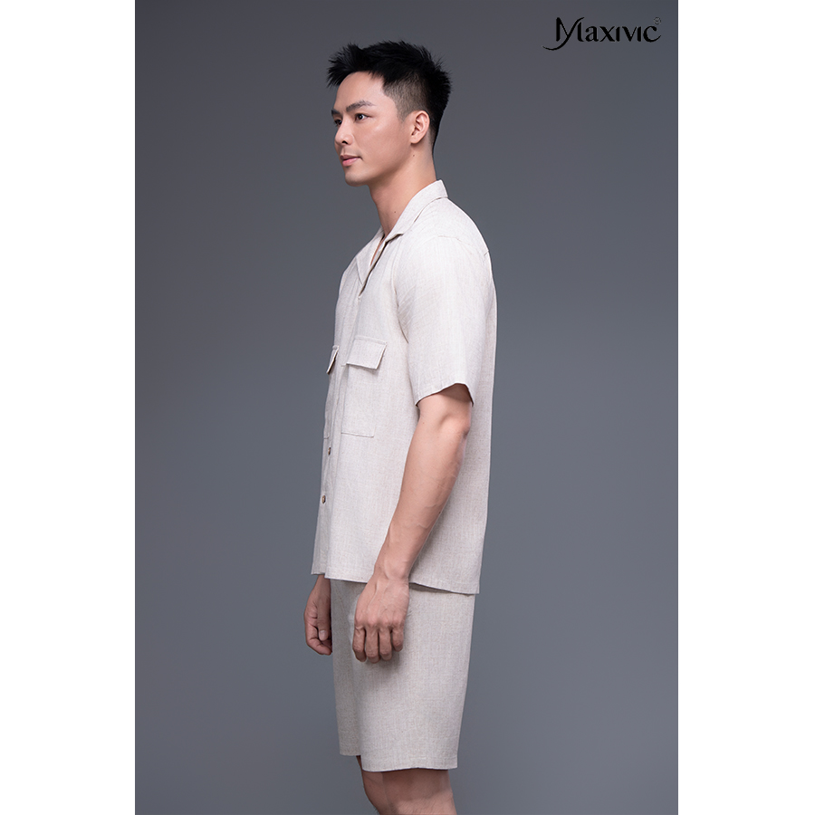 Áo sơ mi nam trắng kem linen ngắn