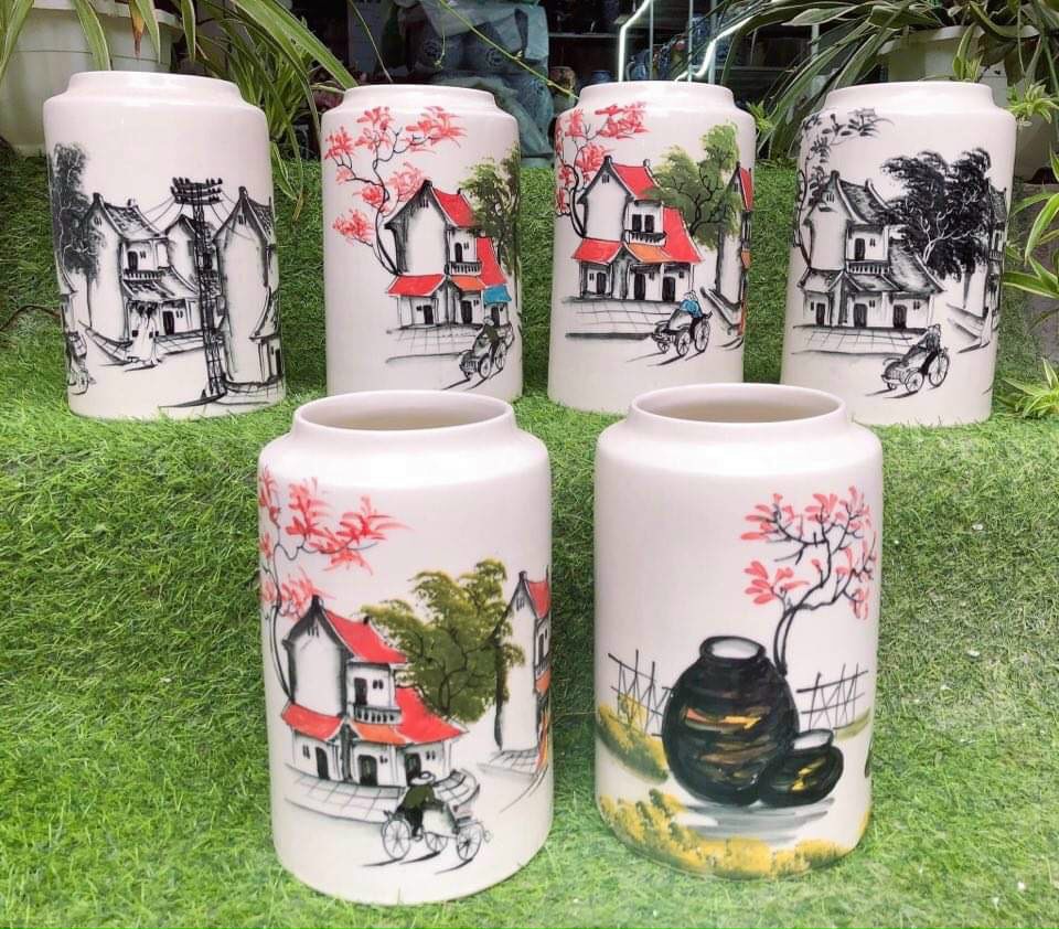 BÌNH HOA NGHỆ THUẬT VẼ TAY NHIỀU CẢNH PHỐ CỔ, ĐỒNG QUÊ.