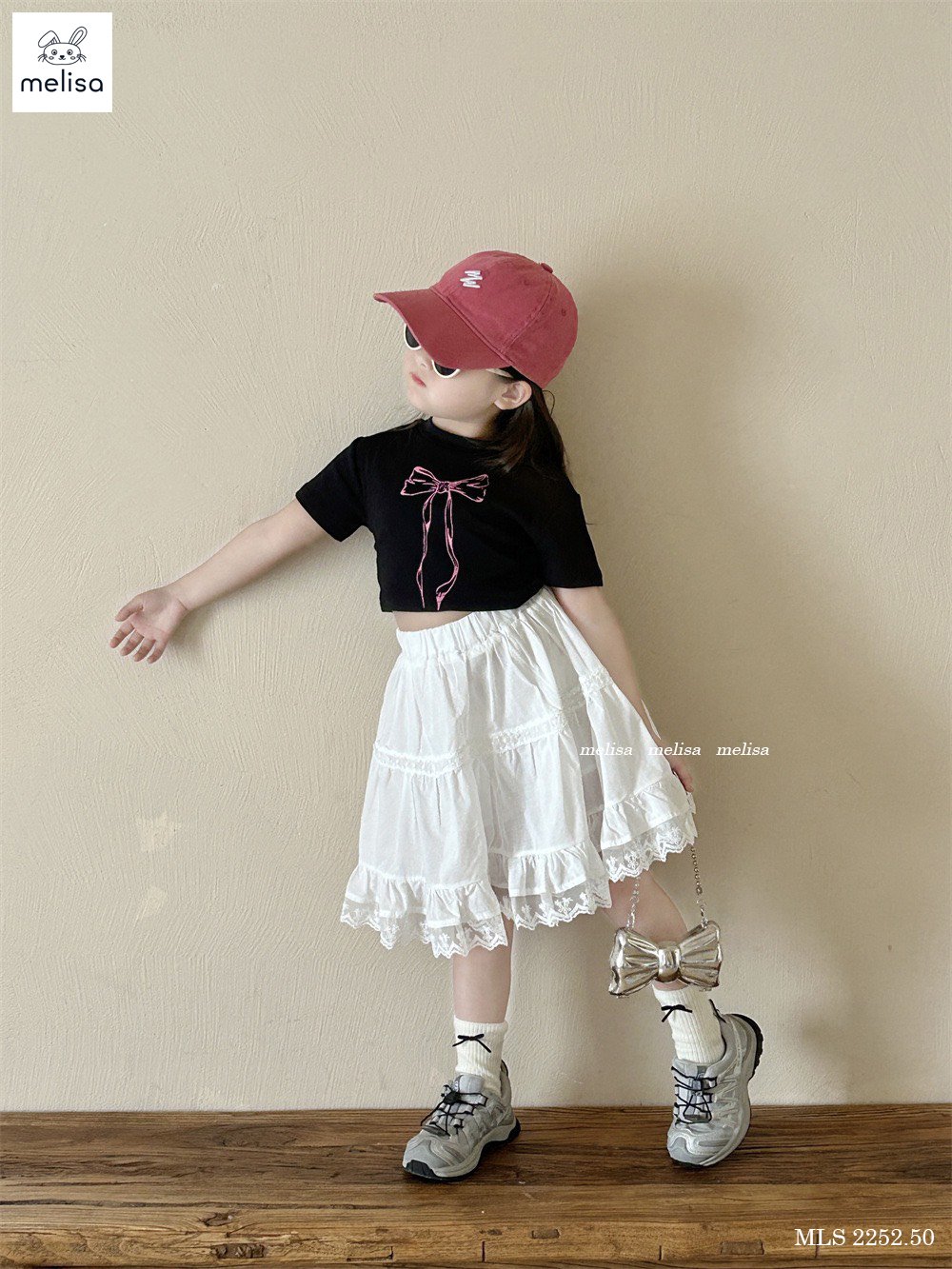 [Từ 1 đến 12 tuổi] Sét áo cotton đen in nơ 3D mix chân váy (kèm quần) chất thô cotton dệt bé gái đến 45kg