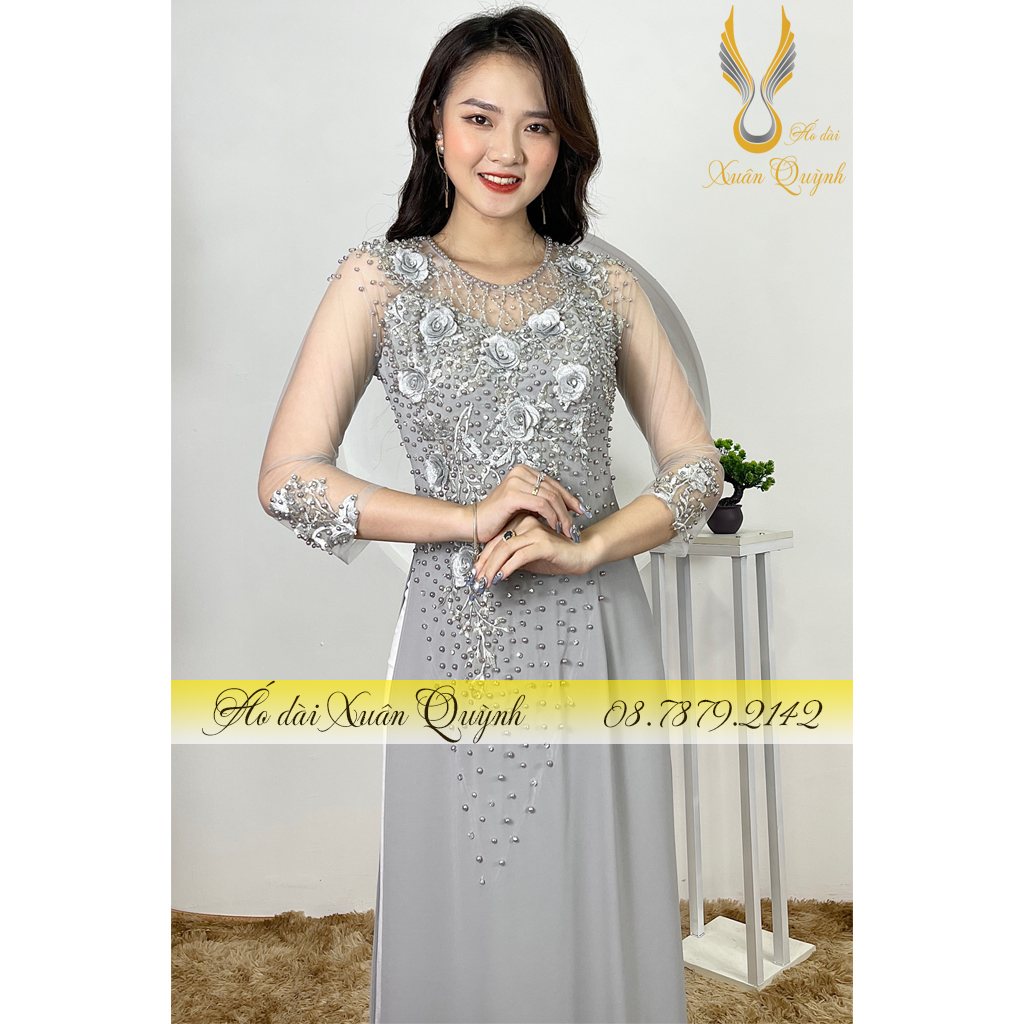 Áo Dài Mẹ Đám Cưới Đám Hỏi Cao Cấp Đính Đá PhaLê, Hoa Thêu Tay Thủ Công 4 Tà M03 Ghi