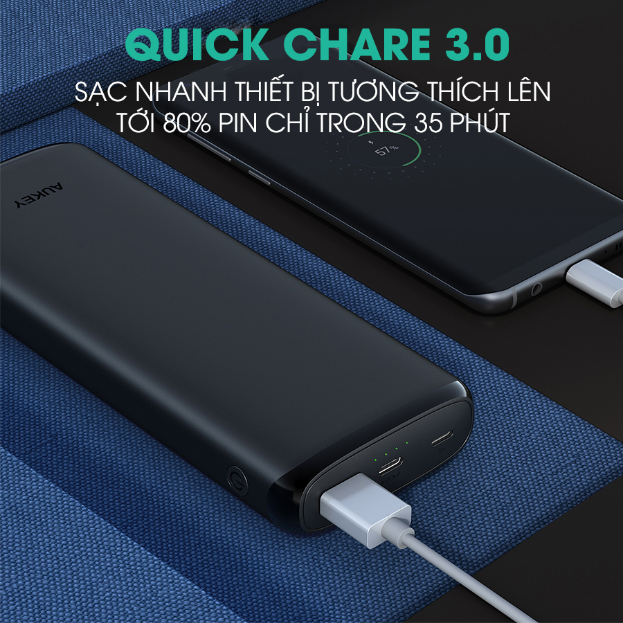 Pin Sạc Dự Phòng 20000mAh AUKEY PB-Y23 1 Cổng Sạc Nhanh QC 3.0, 1 Cổng Type C Power Delivery 18W, Hỗ Trợ Sạc Vào Bằng Cổng Lighting - Hàng Chính Hãng