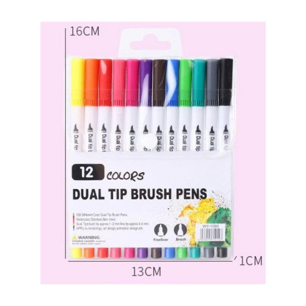 Bộ 12 Bút brush màu 2 đầu viết calligraphy bút dạ màu marker nhiều màu dễ thương ST477