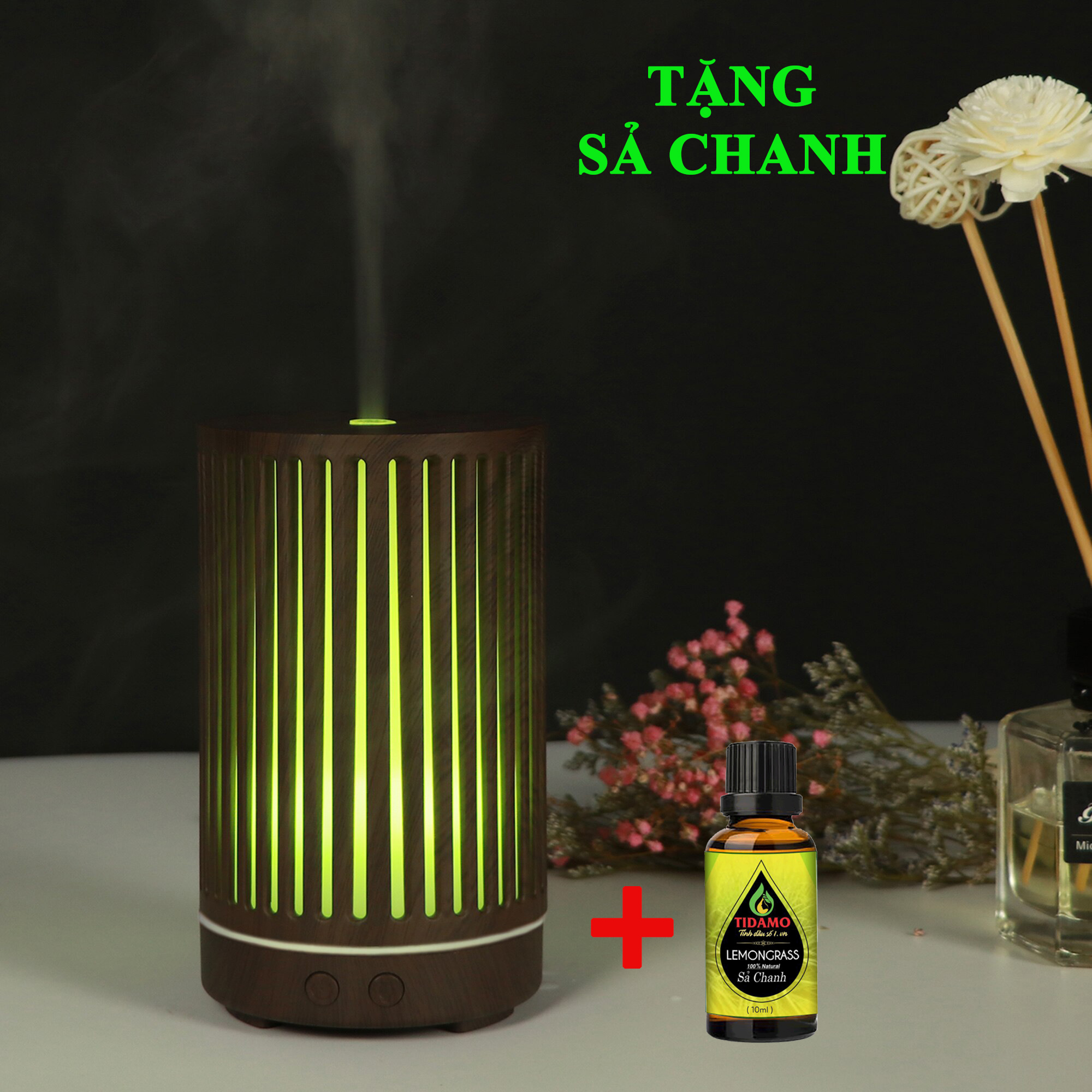 Máy Xông Tinh Dầu Cao Cấp + Tinh Dầu Sả Chanh Nguyên Chất Nhập Khẩu, Máy Khuếch Tán Tinh Dầu Chuyên Dụng, Họa Tiết Sang Trọng và Đèn LED Biến Đổi Màu Cực Đẹp
