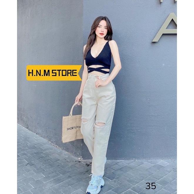 (Đen tuyền) () Quần jean bagy nữ rách gối lỗ bên hot nhất H.N.M STORE