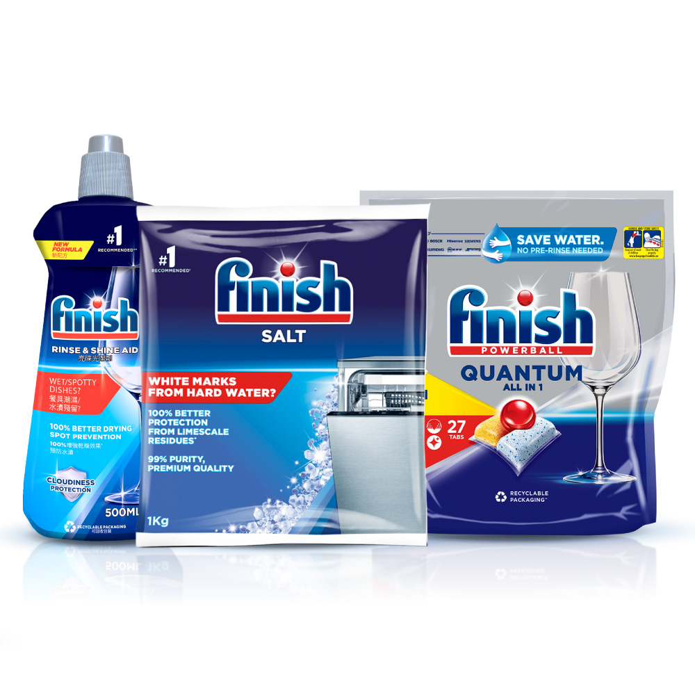 Combo Finish toàn diện: Bộ 3 túi viên rửa chén Quantum 27 viên + Nước làm bóng 500ml + Muối rửa chén bát 1kg