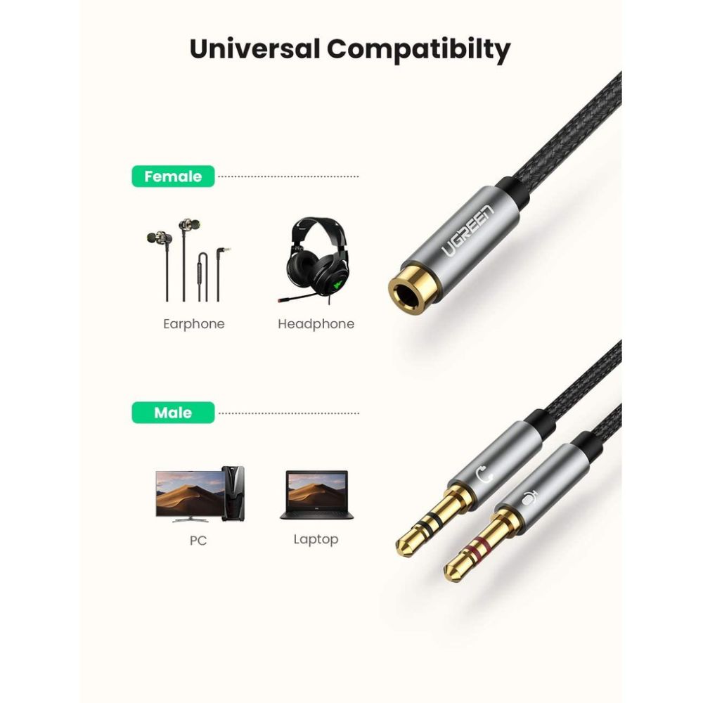 Cáp Gộp Audio 3.5mm 2 Vào 1 Ra – Mic và Headphone Ugreen 20899 hàng chính hãng