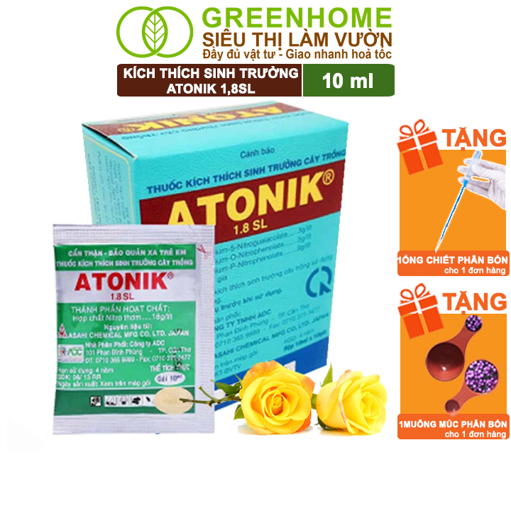 Phân bón lá Atonik Greenhome, gói 10ml, thúc đẩy sinh trưởng cây trồng chuyên phong lan, hoa hồng, bông giấy, sen đá