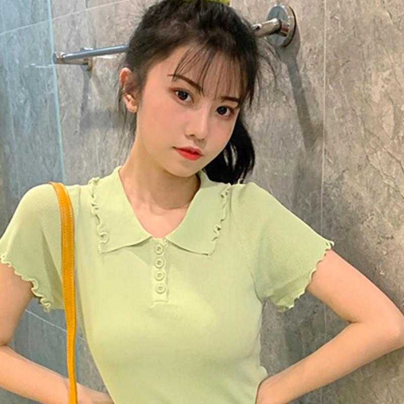 Áo Dệt Kim Tay Ngắn Màu Trơn Thiết Kế Thanh Lịch