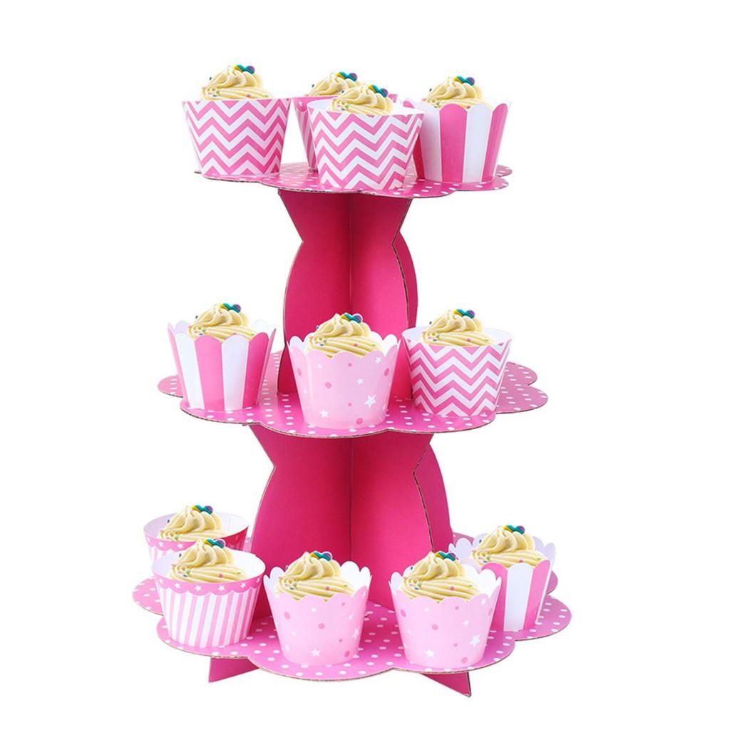 Kệ 3 Tầng Chủ Đề Màu Trơn Để Bánh Cupcake