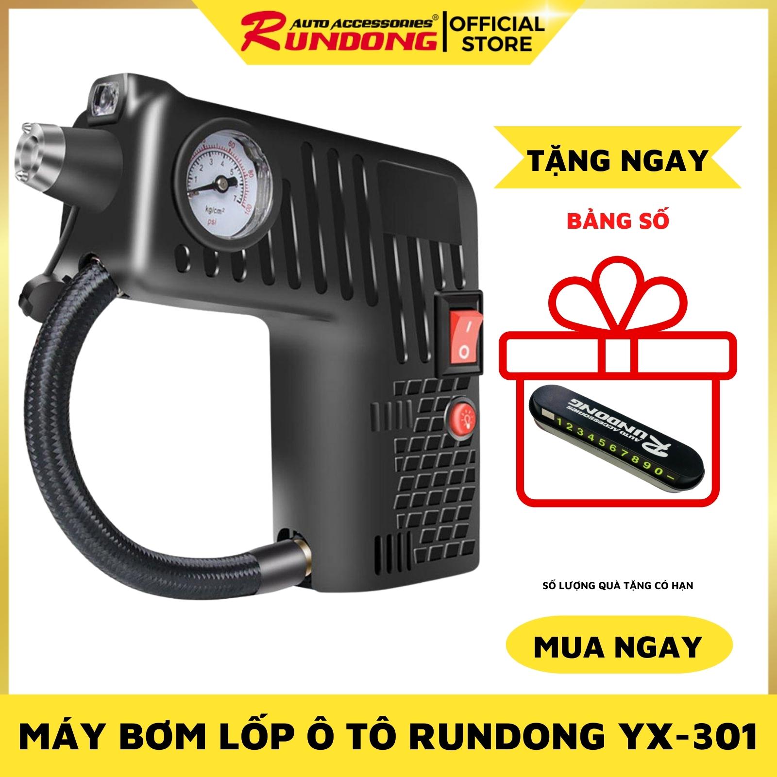 Máy bơm lốp ô tô đa năng RUNDONG YX-301 | Bơm lốp ô tô đa năng 4 in 1 (bơm hơi, đo áp suất lốp, búa an toàn, đèn báo khẩn cấp) - Tặng ngay bảng số ĐT