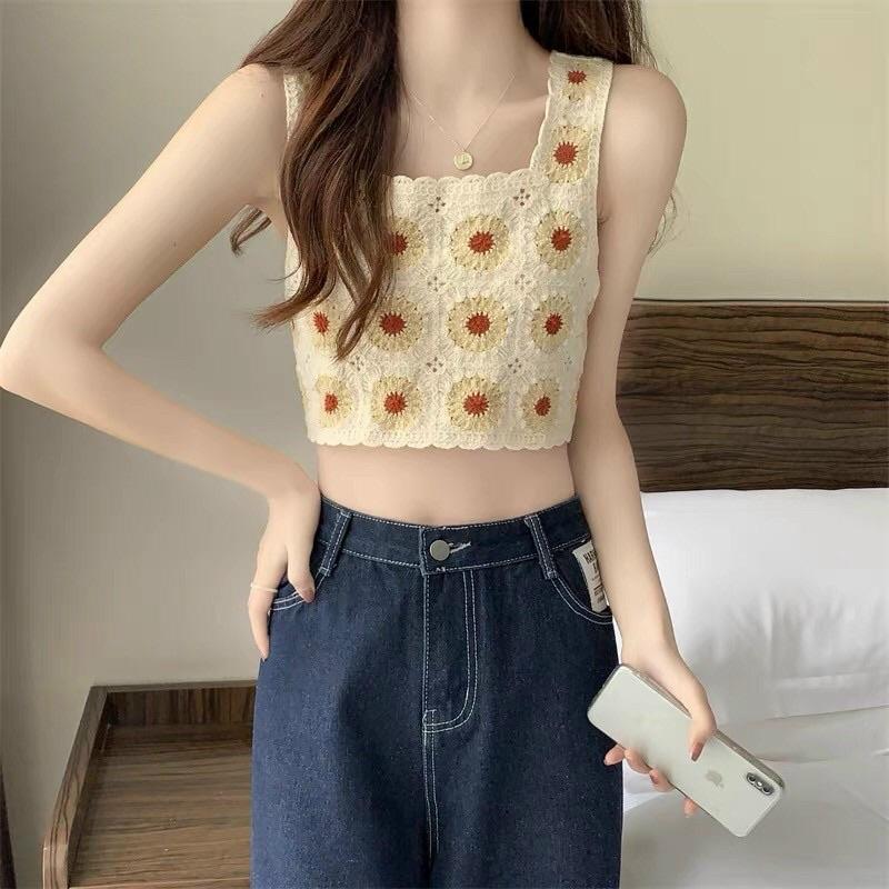 Áo 2 dây nữ len móc hoạ tiết hoa cúc croptop hàng QC