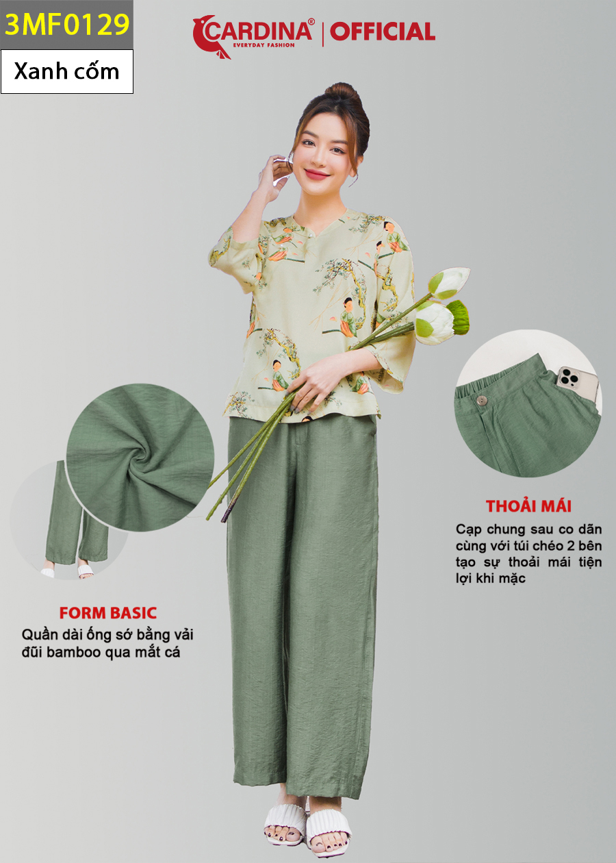 Đồ Bộ Nữ CARDINA Cao Cấp Bộ Đi Chùa Áo Lụa Mango Họa Tiết Cổ Tàu Tay Lỡ Quần Dài Chất Đũi Bamboo 3MF01